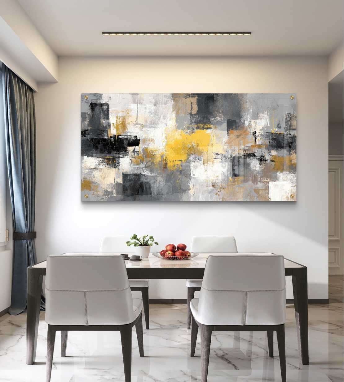 תמונת זכוכית לרוחב בעיצוב אבסטרקטי בגווני אפור, שחור וזהב עם מראה מודרני ויוקרתי