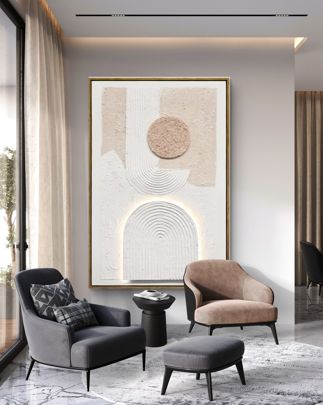 תמונת LED אבסטרקטית בגווני שמנת – אמנות קיר מוארת בעיצוב טקסטורלי -60*90 ס