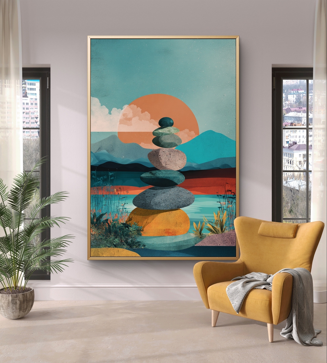 איזון שקיעה – תמונת קנבס אבני זן מול נוף שקיעה צבעוני | CT2222