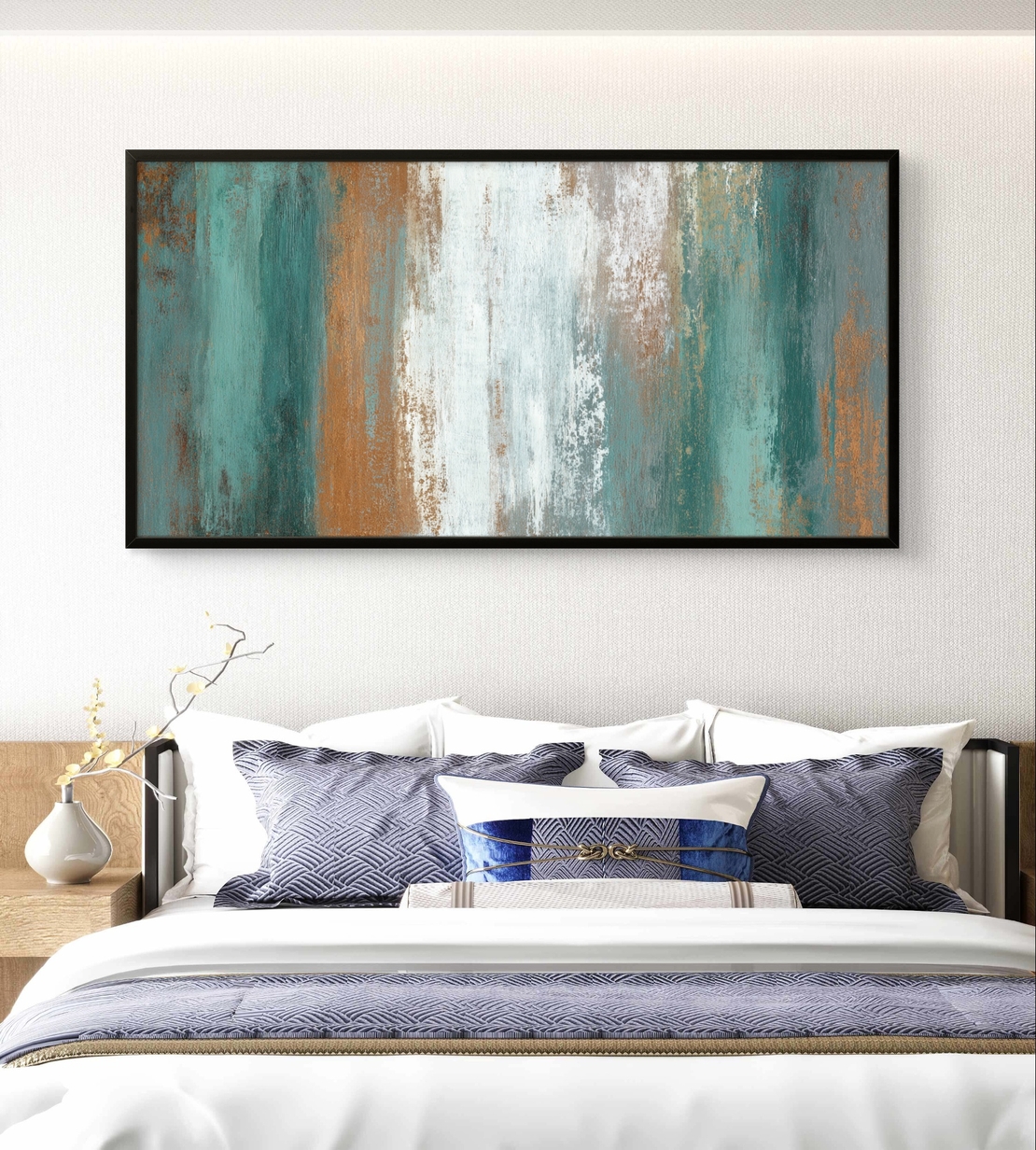 קנבס מינימליסטי מודרני עם טקסטורה עדינה בגווני טורקיז, ירקרק וחום לעיצוב נקי