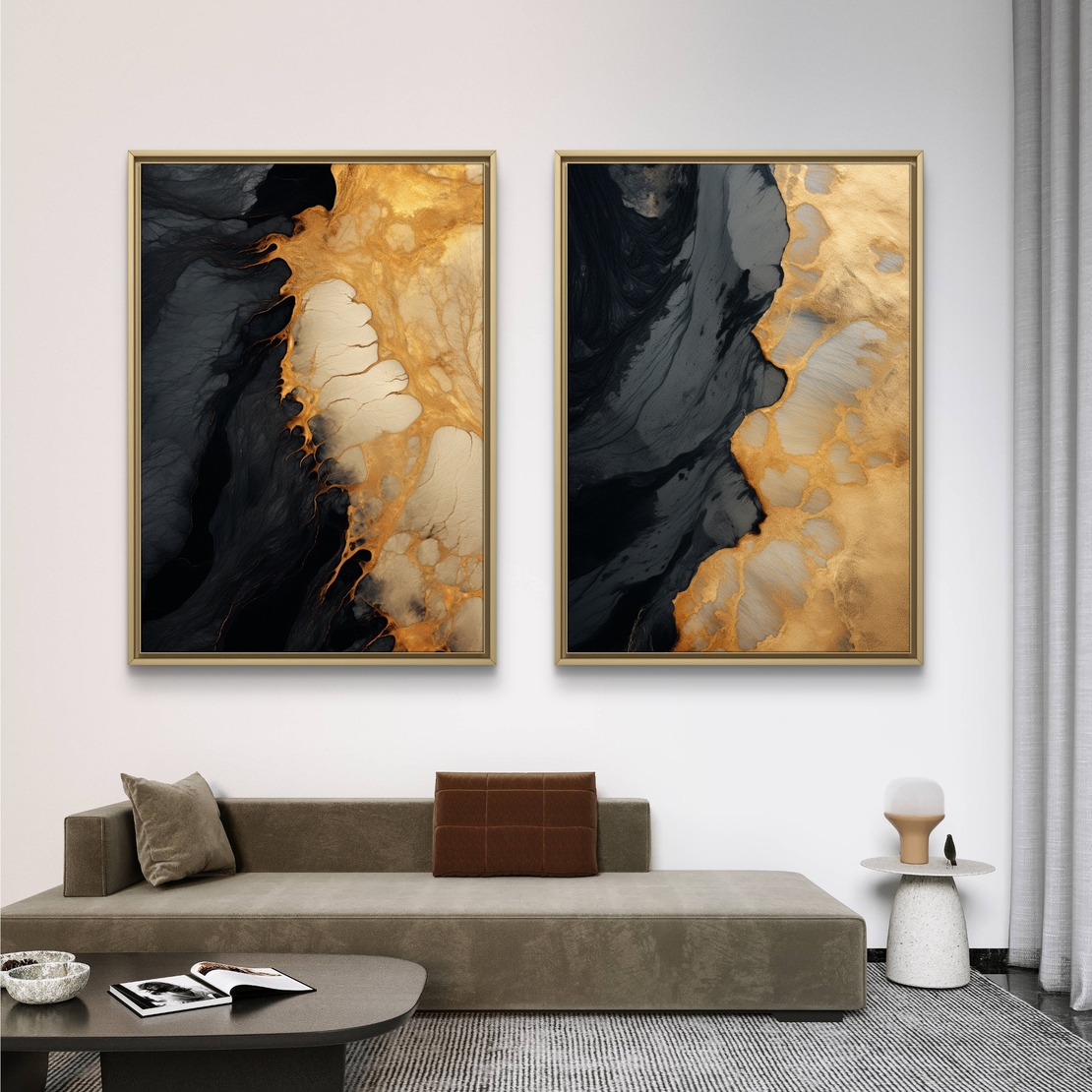 תמונת קנבס זוגית אבסטרקטית בגווני שחור וזהב בעיצוב יוקרתי לסלון