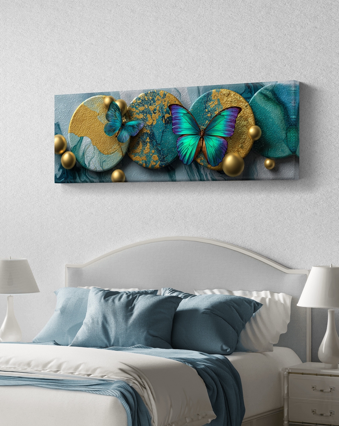 תמונת קנבס פנורמית עם פרפרים בגווני טורקיז וזהב בהדפסה חלקה – תכשיט לבית