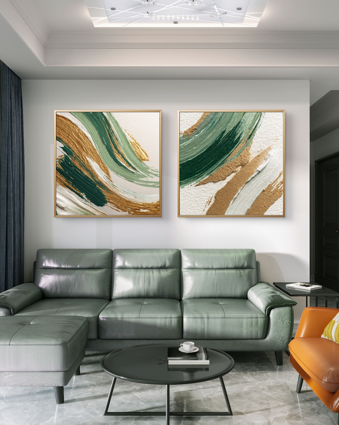 זוג תמונות קנבס מרובעות אבסטרקטיות בגווני ירוק עם נגיעות זהב