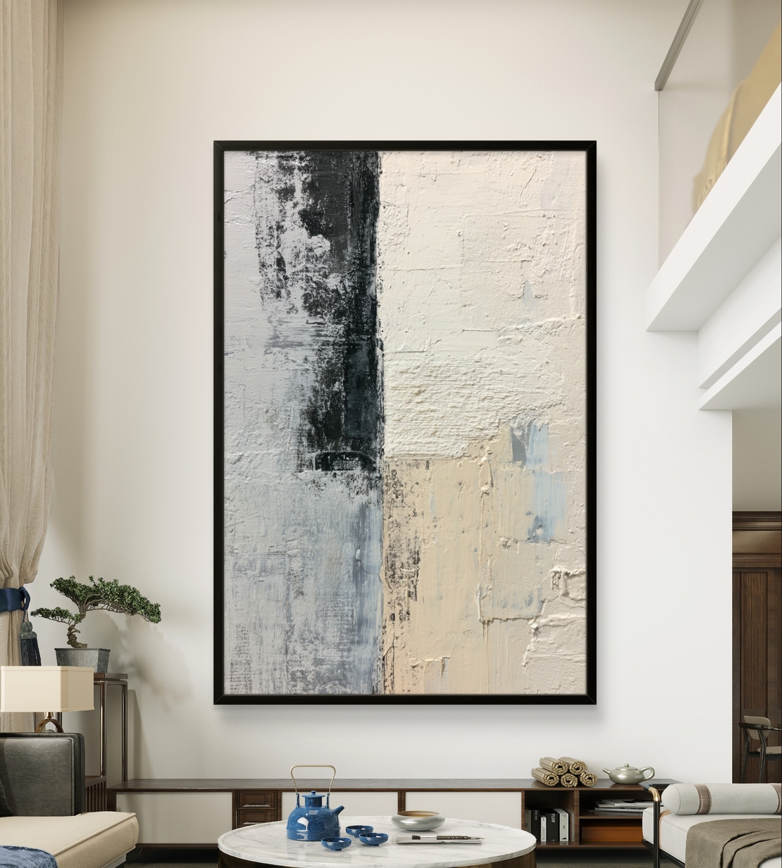 עמוד מונוכרום – תמונת קנבס אבסטרקט אנכית בשחור, לבן ושמנת | CR6541
