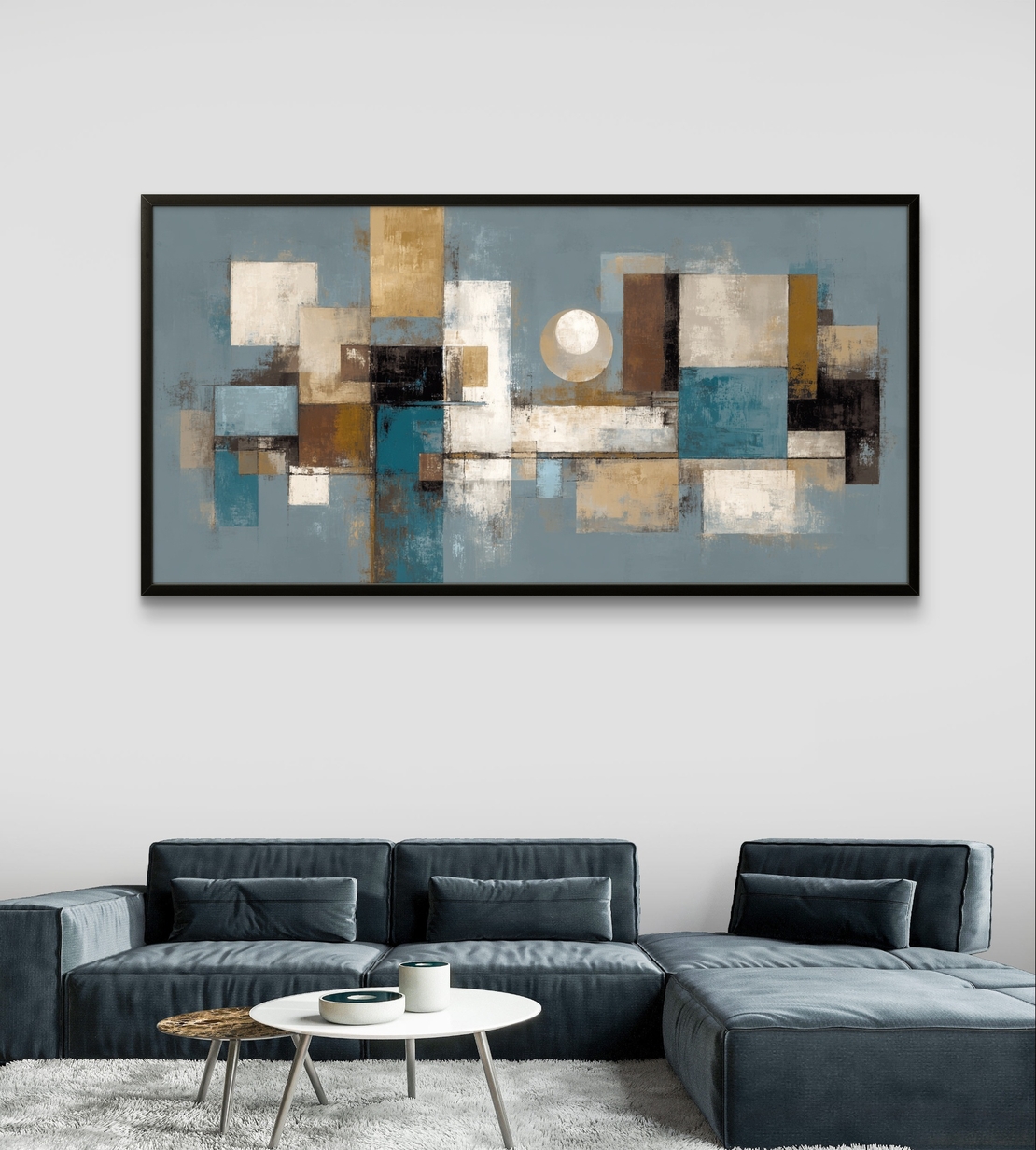 תמונת קנבס לרוחב בסגנון אבסטרקט גאומטרי בגווני כחול ובז’ לעיצוב הבית