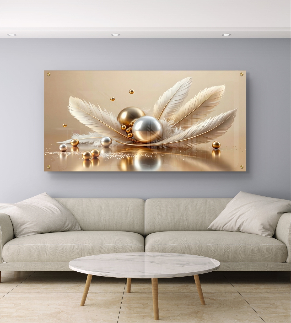 נוצת שמפניה – תמונת זכוכית נוצות שמנת וזהב עם כדורים דקורטיביים | PN1004