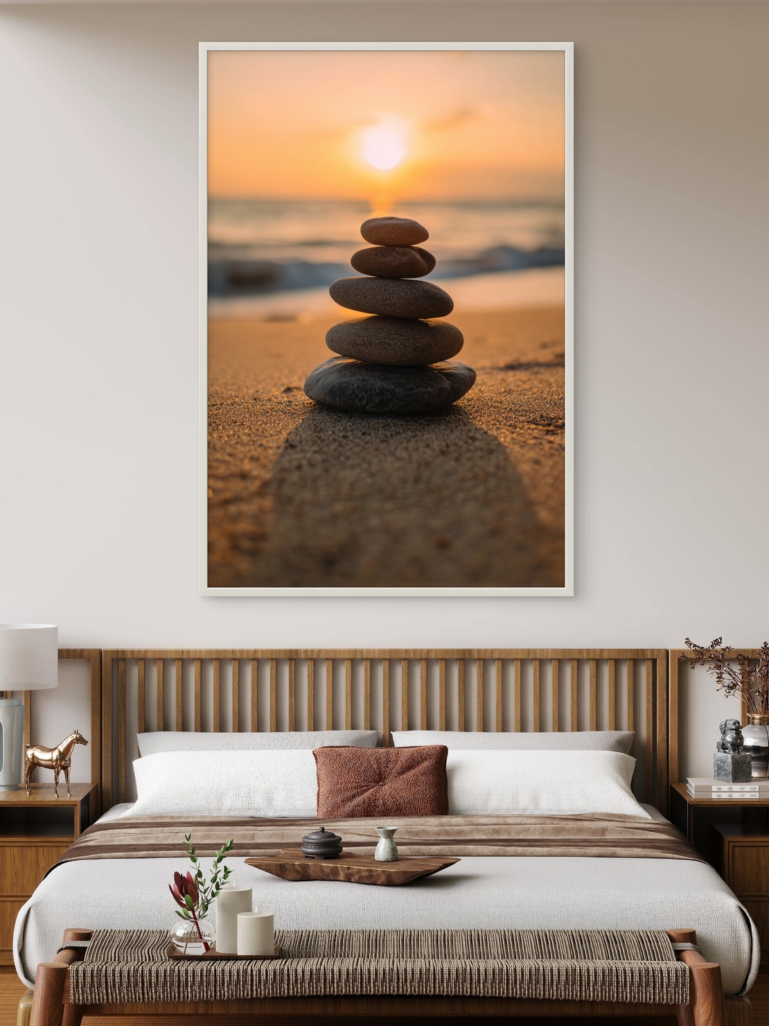 תמונת קנבס של ערימת אבנים על חוף ים בשקיעה רכה – קולקציית NEXTGEN BY BAR