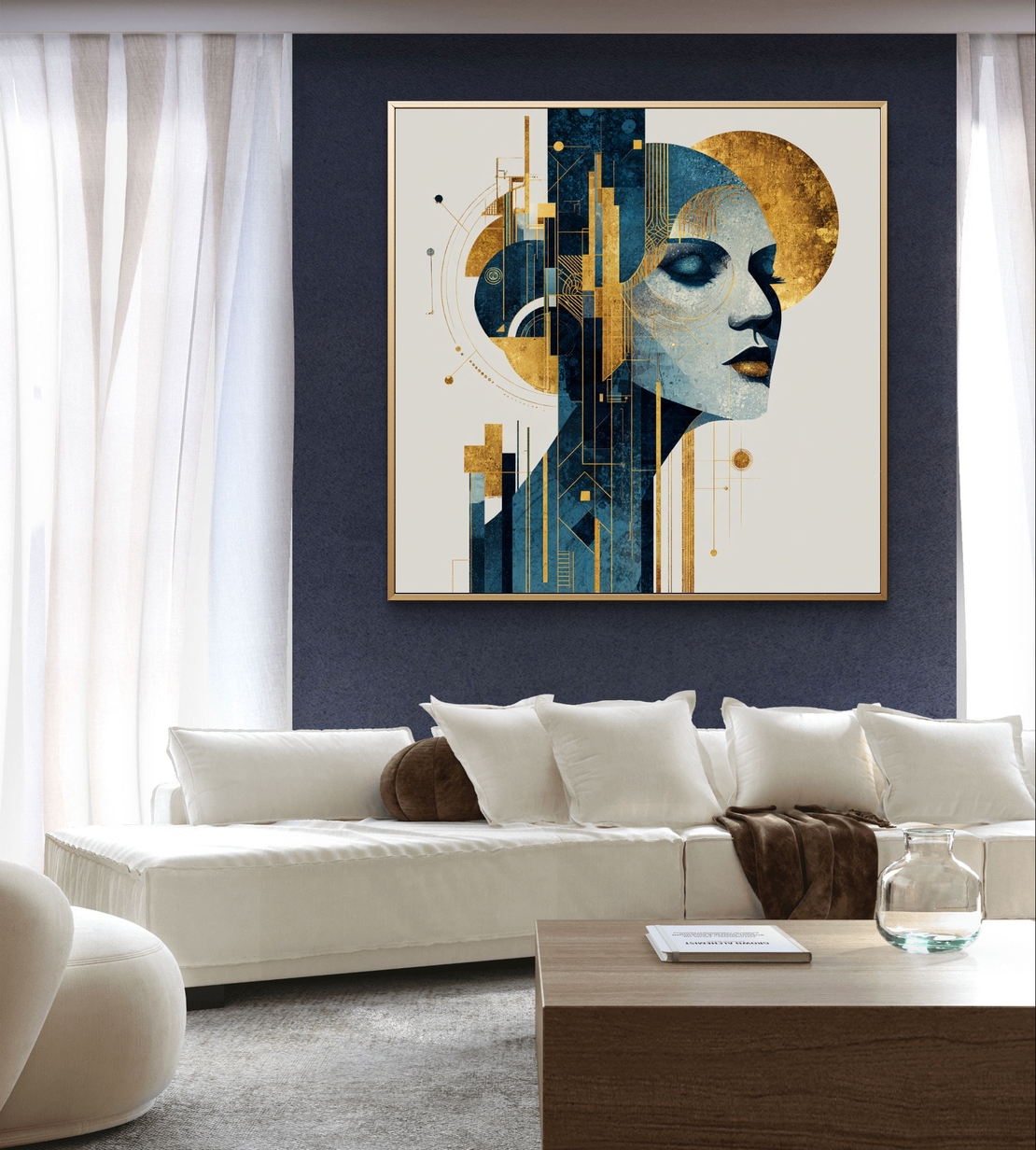 מוזת ארט-דקו – תמונת קנבס דיוקן נשי כחול וזהב בסגנון ארט דקו | CK5523