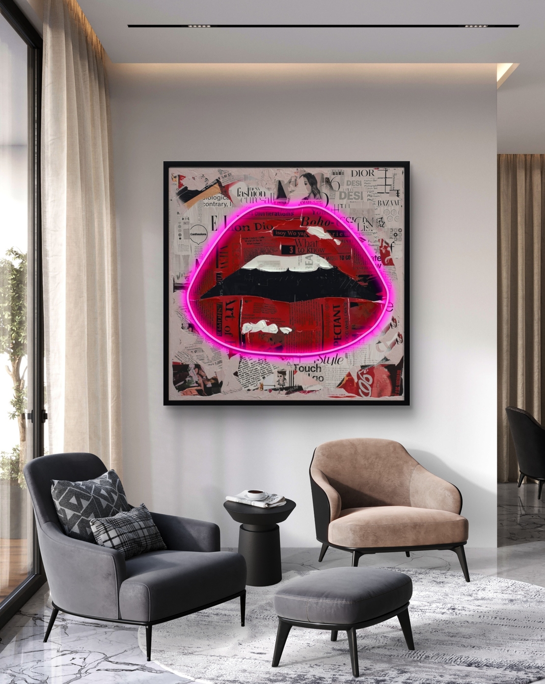 תמונת שפתיים ניאון ורוד – אמנות LED על סוללות עם שלט רחוק--מידה 83*83 ס