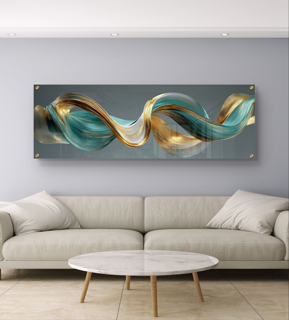 תמונת זכוכית פנורמית עם גל אבסטרקטי בגווני טורקיז וזהב בעיצוב מודרני ויוקרתי