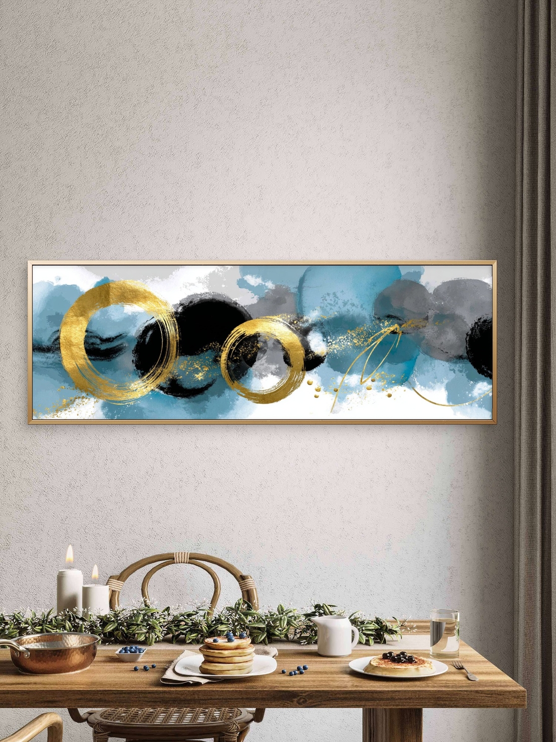 תמונת קנבס פנורמית מודרנית בגווני תכלת שחור וזהב עם מעגלים מוזהבים – תכשיט לבית
