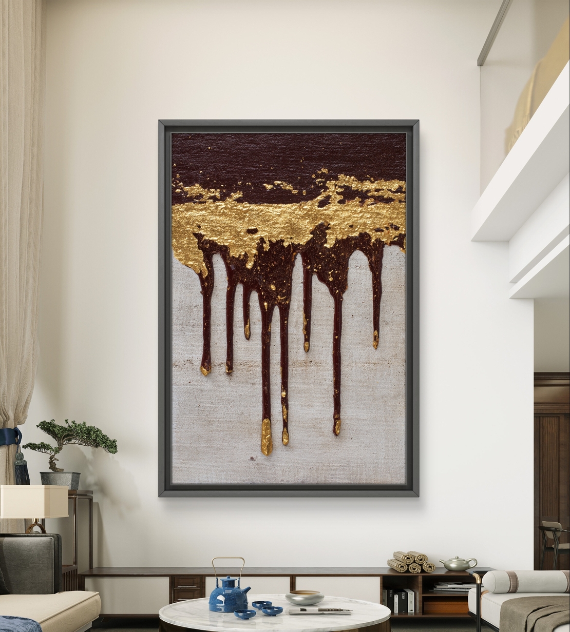 תמונת קנבס מופשטת בגווני זהב ויין כהה עם אפקט טיפות בהדפסה חלקה ללא תבליט – תכשיט לבית