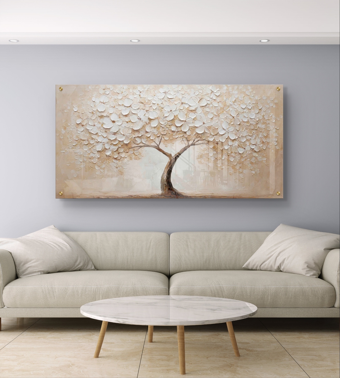 עץ פריחה לבנה על זכוכית – תמונת זכוכית יוקרתית בגווני שמנת, פנינה ובז׳ | GX4171