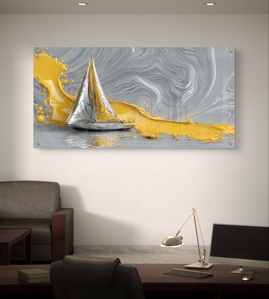 תמונת זכוכית מודרנית עם סירת מפרש כסופה וזרימות צבע זהב על רקע אפור, בעיצוב יוקרתי ובהדפסה חלקה ומבריקה.