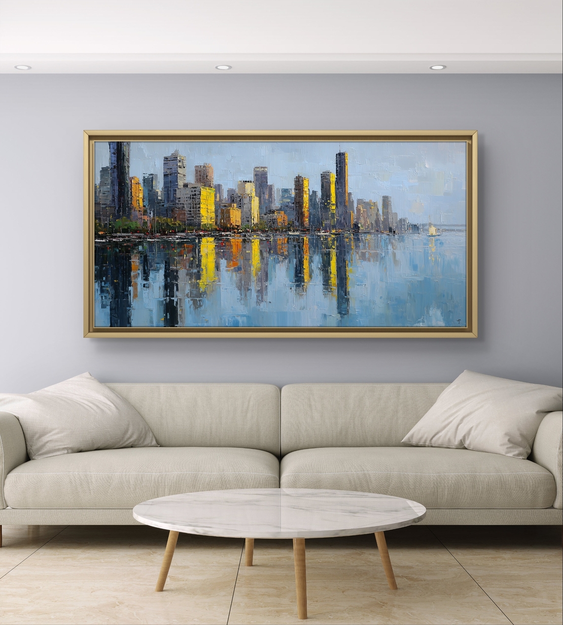תמונת קנבס לרוחב של קו רקיע עירוני עם השתקפות במים בגווני כחול וזהב, לעיצוב סלון מודרני ואלגנטי