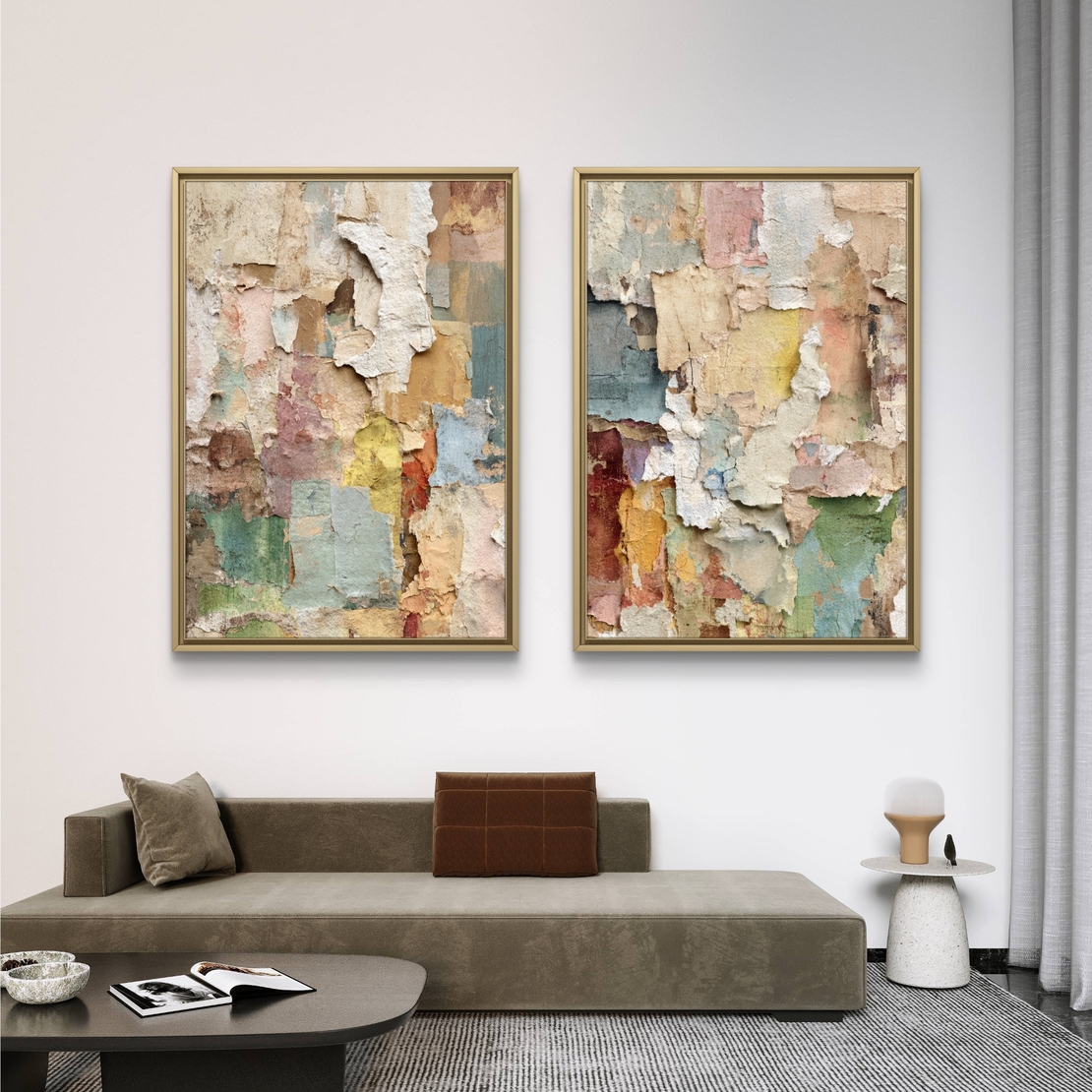 סט תמונות קנבס זוגיות עם שכבות צבע וטקסטורה בהשראת קירות עתיקים בגווני פסטל טבעיים