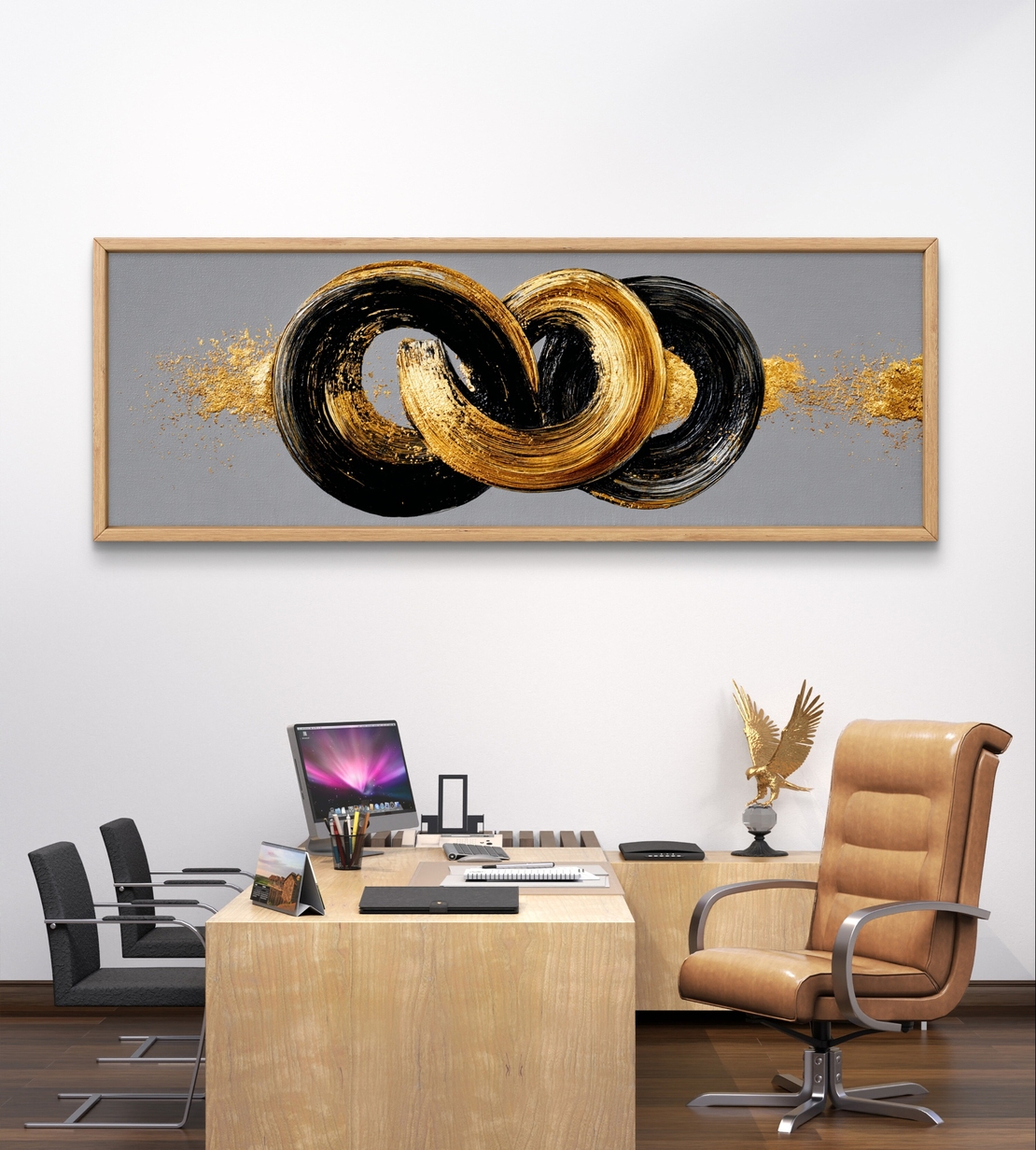 קשר אינסוף – תמונת קנבס פנורמית עם טבעות מכחול בשחור וזהב על רקע אפור | CT4673