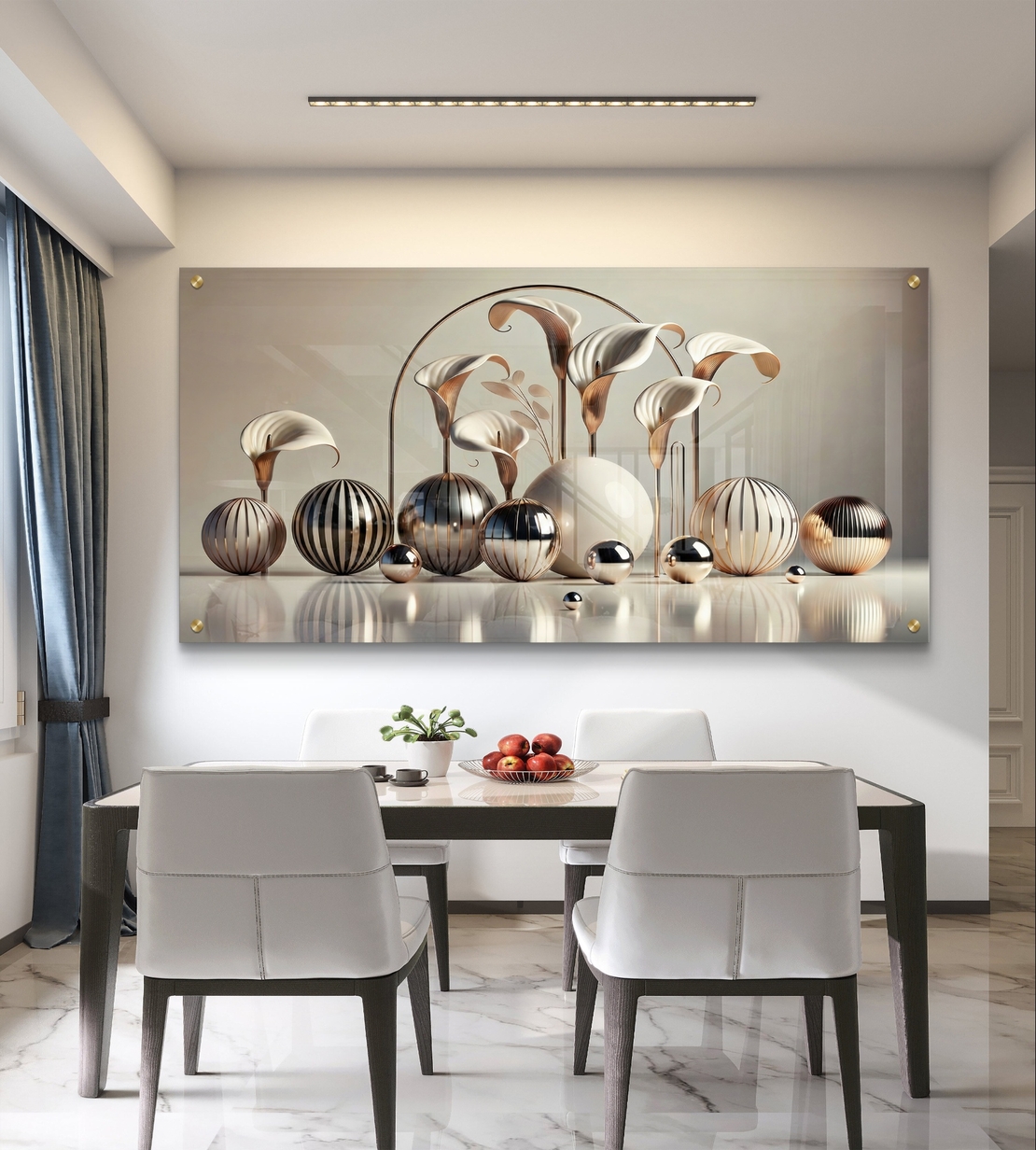 תמונת זכוכית יוקרתית עם פרחי קאלה וכדורים מטאליים בגווני זהב ורוז גולד