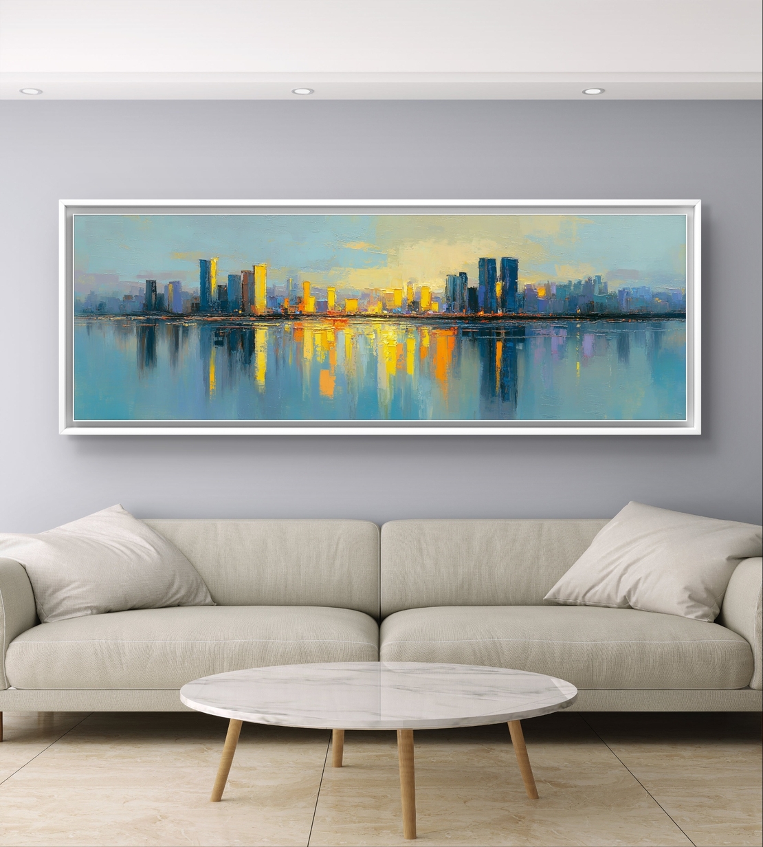 אמנות פנורמית לסלון עם skyline זהוב והשתקפות במים.