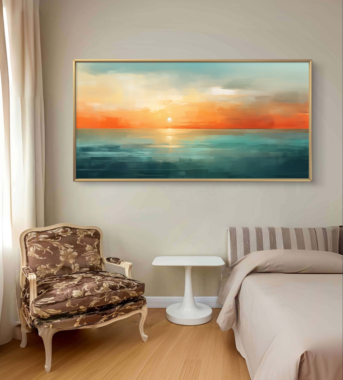 תמונת קנבס לרוחב עם שקיעה אבסטרקטית מעל הים בגווני תכלת, כתום וחול בעיצוב רגוע ואלגנטי
