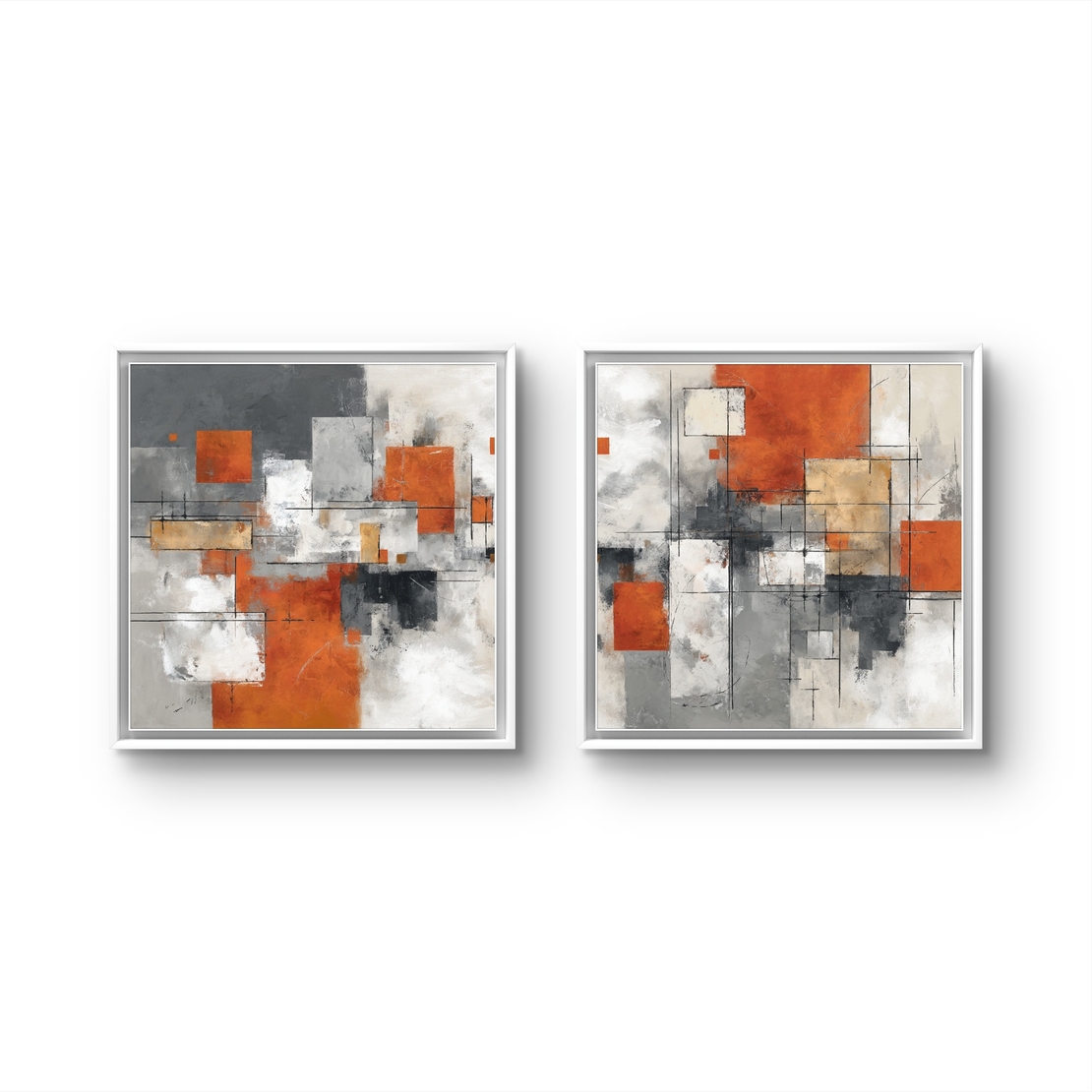 זוג תמונות קנבס מרובעות אבסטרקט בגווני כתום חלודה ואפור