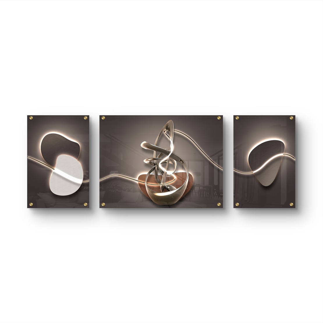 תמונת זכוכית מחולקת בעיצוב אבסטרקטי מודרני עם קווי אור וצורות זורמות