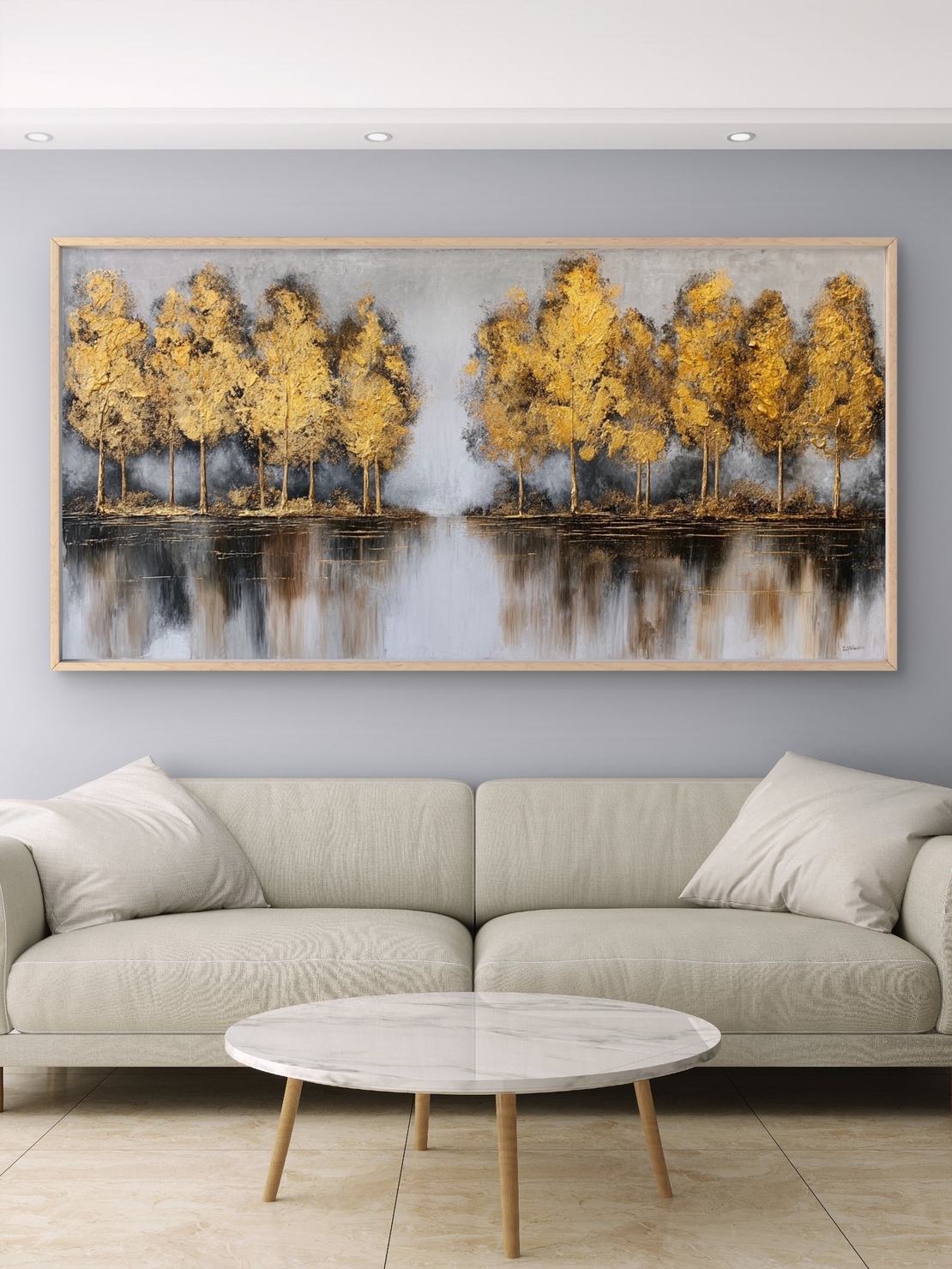 תמונת קנבס של יער עצים זהובים עם השתקפות במים בסגנון מודרני