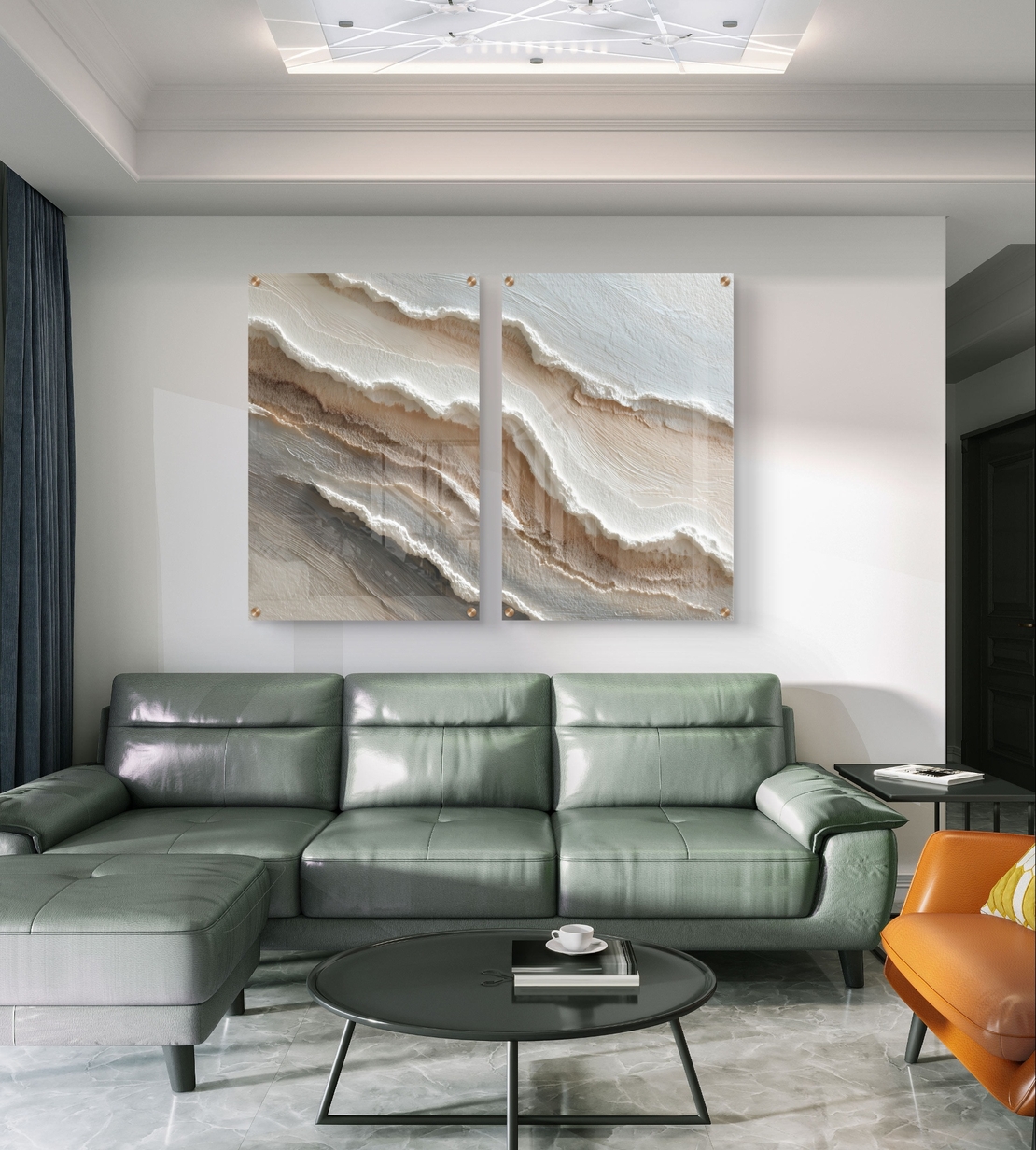 תמונת זכוכית זוגית אבסטרקטית בגווני שמנת ובז׳ בהשראת שכבות טבעיות בעיצוב רגוע