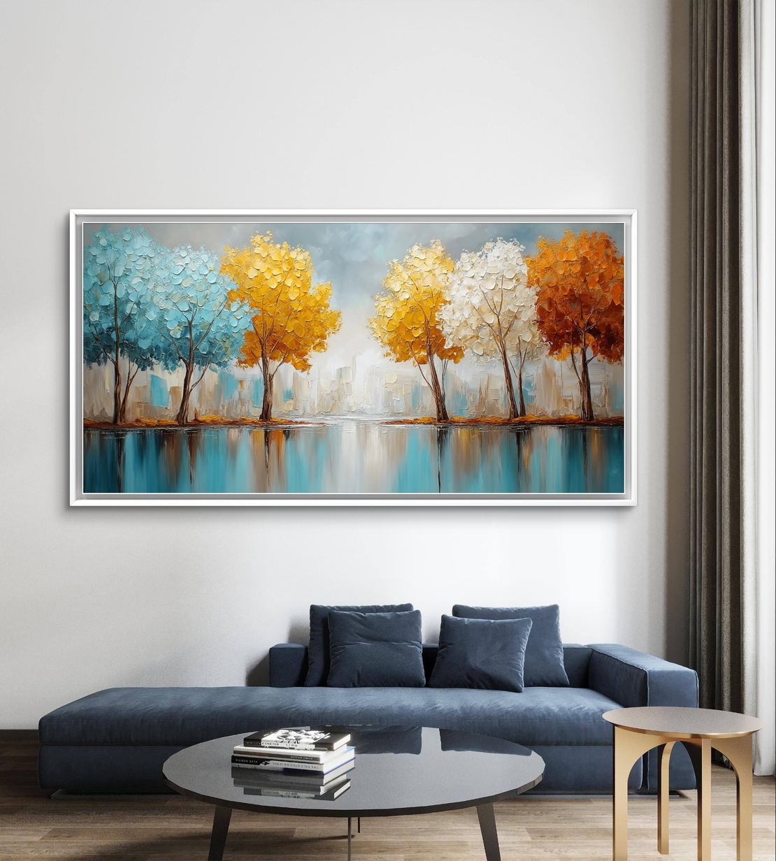 ציור מודרני של שלכת בגווני טורקיז, צהוב וכתום לקיר הסלון.