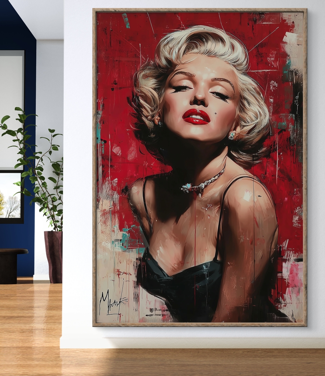 תמונת קנבס אישה אייקונית עם שפתיים אדומות ורקע אדום