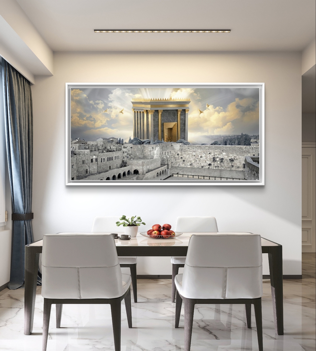 תמונת קנבס לרוחב של בית המקדש מעל ירושלים עם אור זהב שמיימי, עיצוב קדוש ומרומם לבית – מבית תכשיט לבית