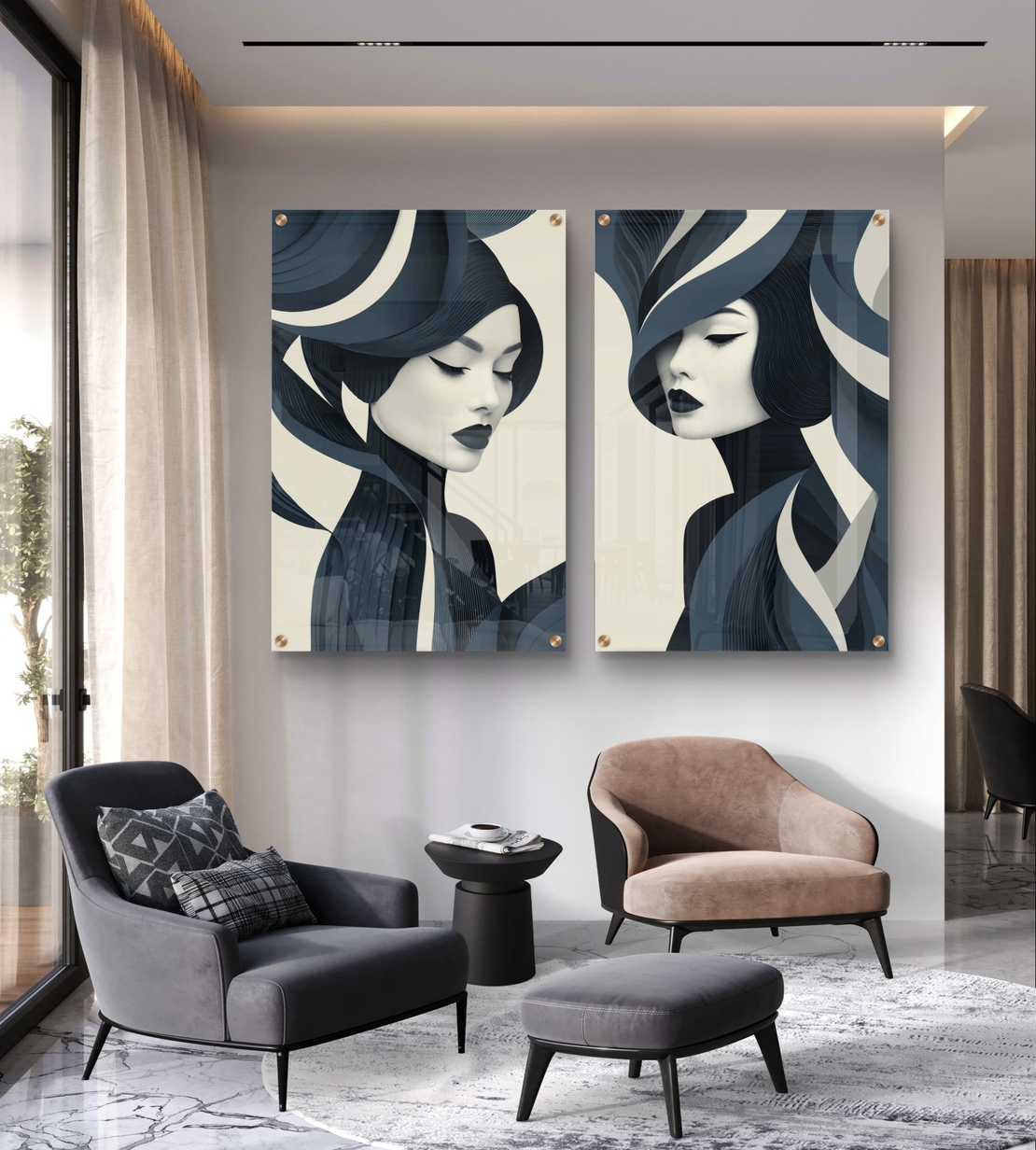 תמונת זכוכית זוגית עם דיוקנאות נשיים בעיצוב מודרני בגווני כחול ואפור