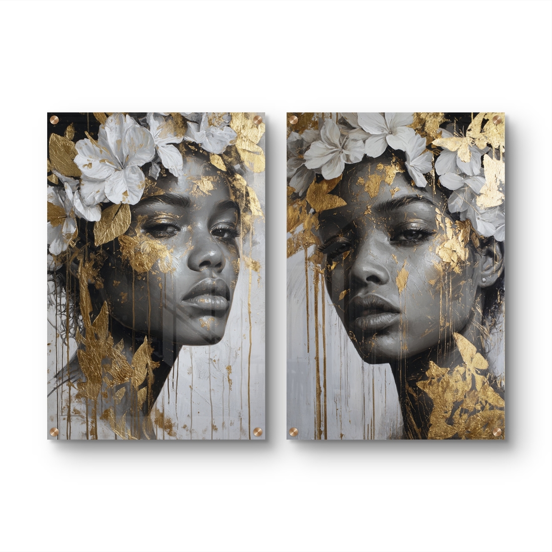 סט תמונות זכוכית זוגי עם פורטרט נשי אבסטרקטי בגווני שחור לבן ונגיעות זהב