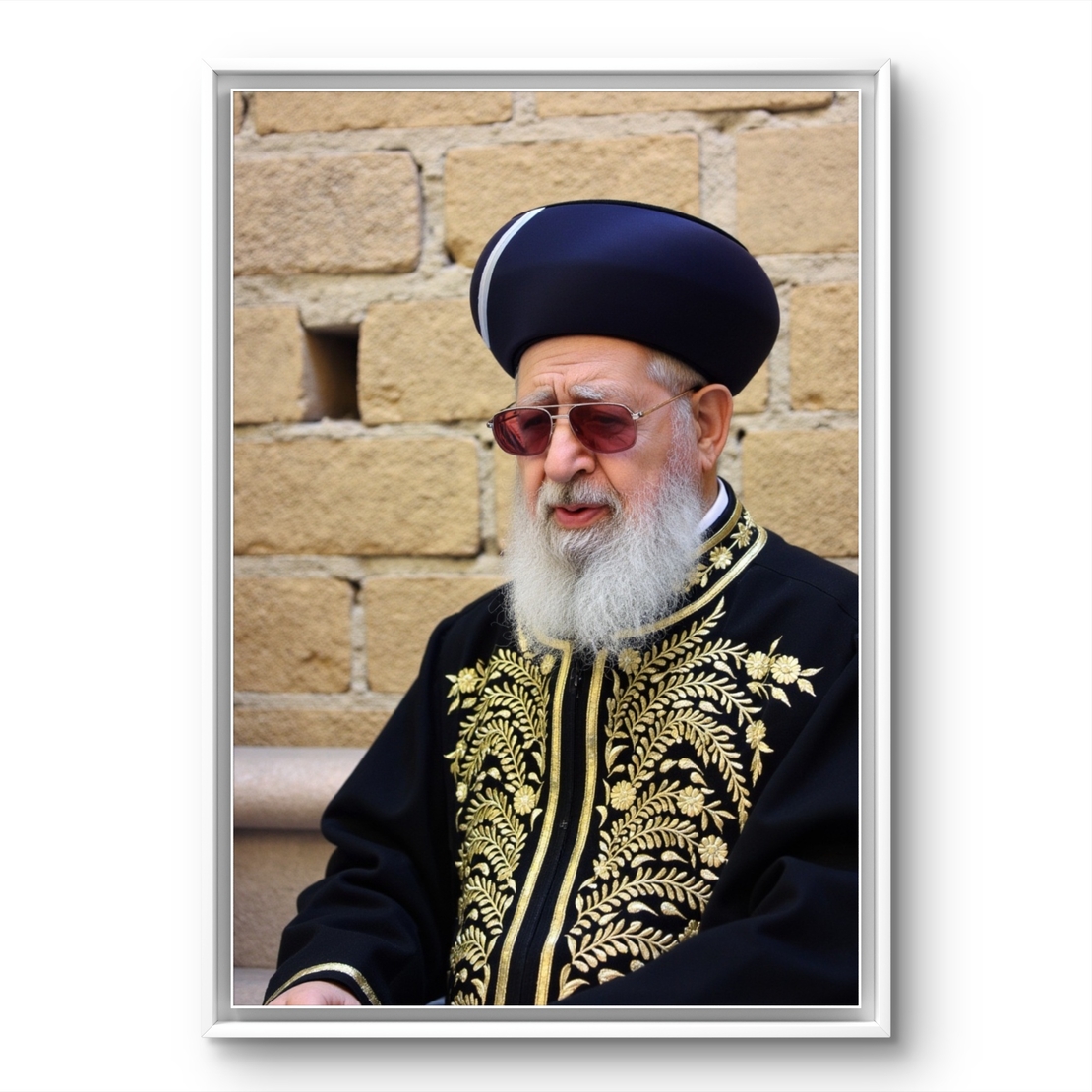 תמונת קנבס אנכית של רב יהודי בלבוש מסורתי שחור וזהב, תלויה מעל שולחן אוכל בעיצוב קלאסי.