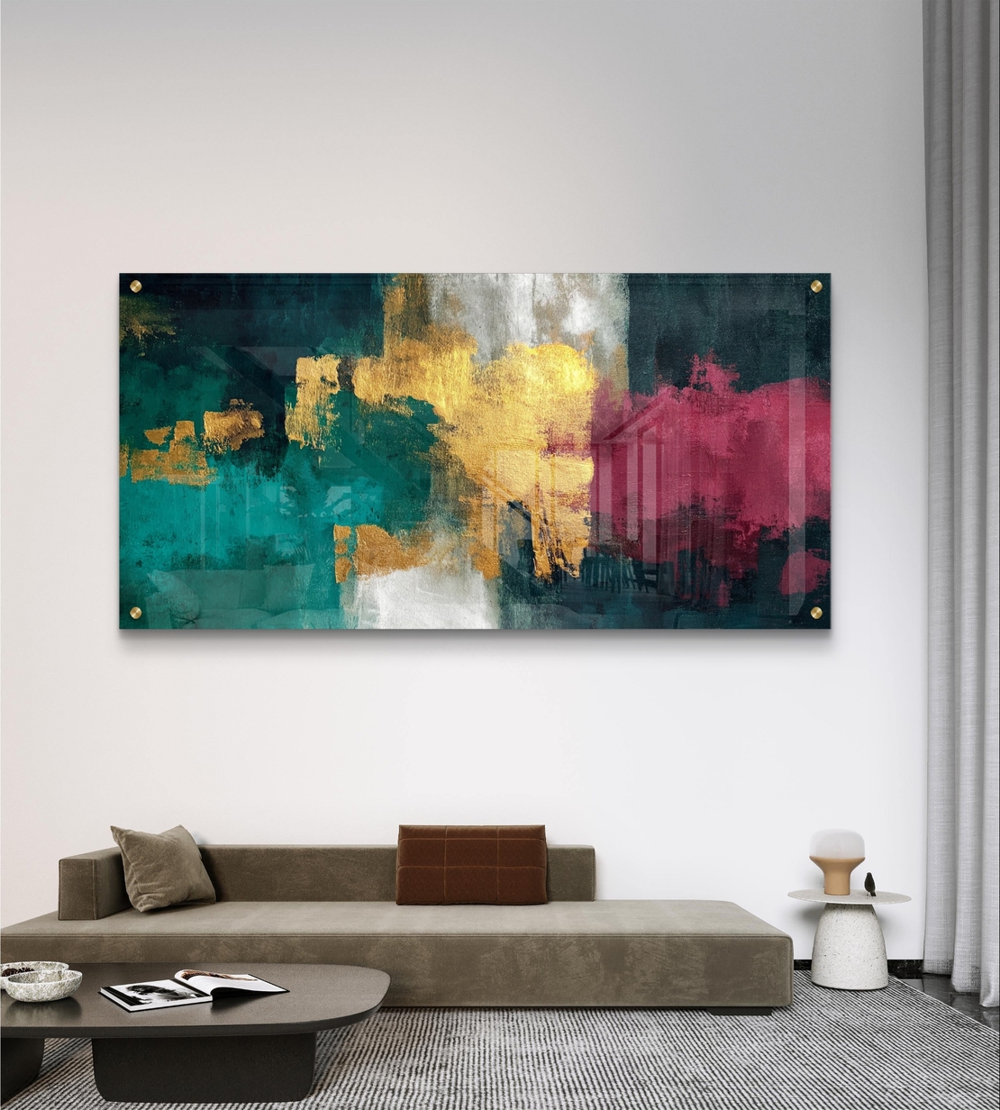 תמונת זכוכית אבסטרקטית לרוחב בגווני ירוק, כחול וזהב בעיצוב מודרני ויוקרתי לסלון