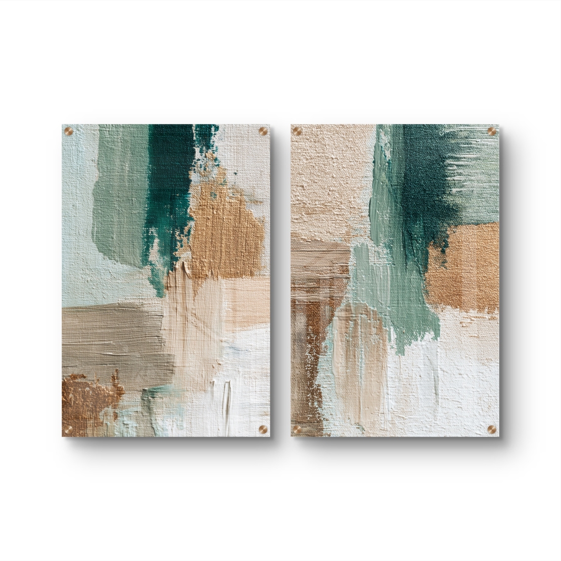 סט תמונות זכוכית זוגי אבסטרקטי בגווני בז’ וירקרק בעיצוב מודרני ורגוע