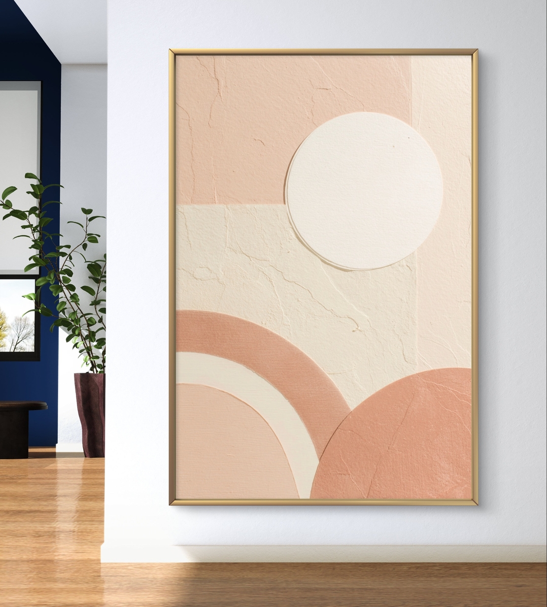 תמונת קנבס בגווני שמנת ואפרסק עם צורות גיאומטריות רכות והדפסה חלקה