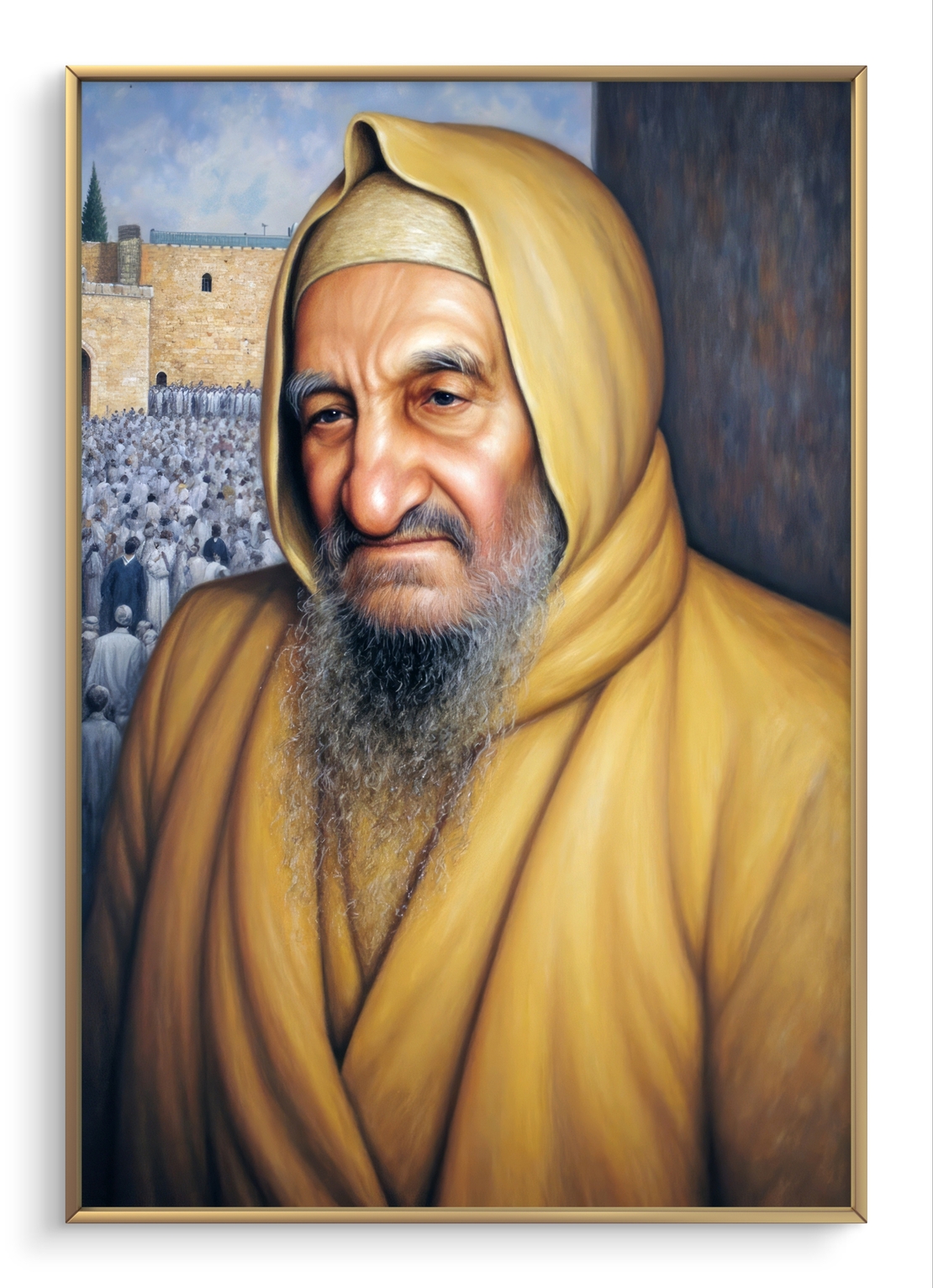 תמונת קנבס של הבבא סאלי לבוש בבגד זהוב, עם רקע של הכותל המערבי והמוני מתפללים, עיצוב רוחני מרגש לבית.