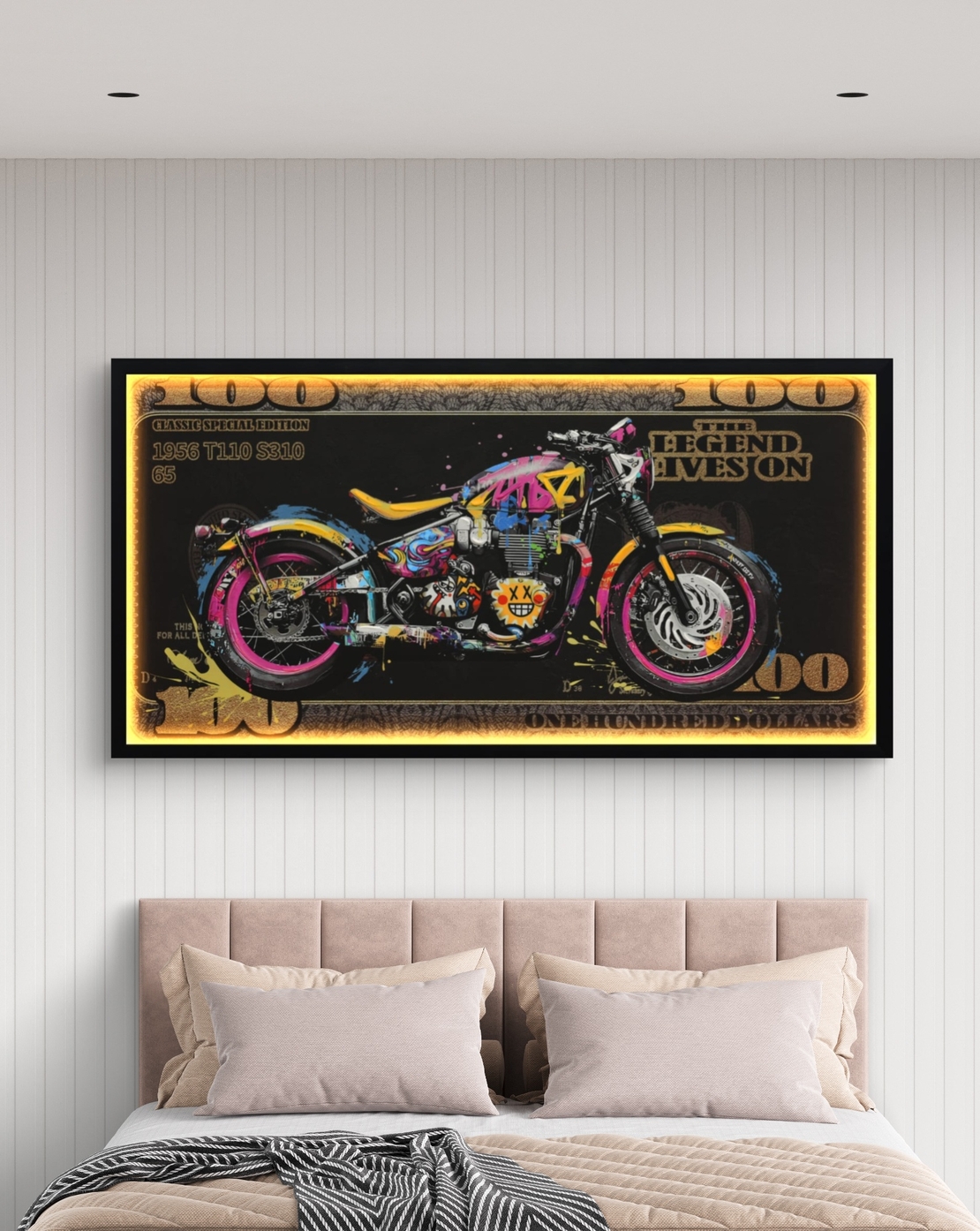 תמונת אופנוע גרפיטי על שטר 100 – אמנות LED על סוללות עם שלט רחוק--מידה 123-63 ס