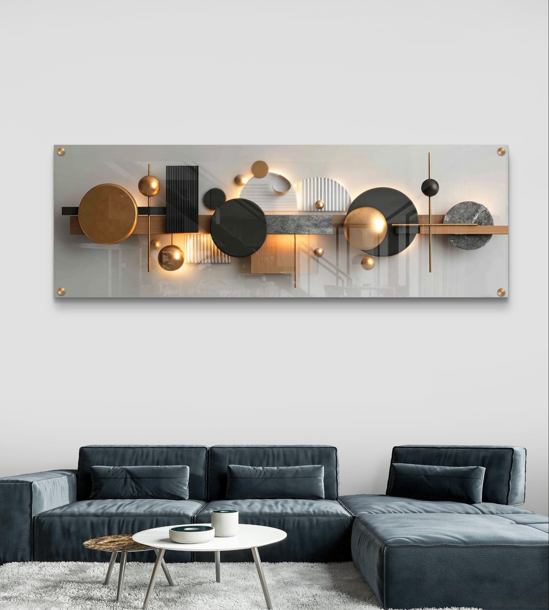 תמונת זכוכית פנורמית גאומטרית בגווני שחור, זהב ועץ בעיצוב מודרני, מינימליסטי ויוקרתי לקיר הבית