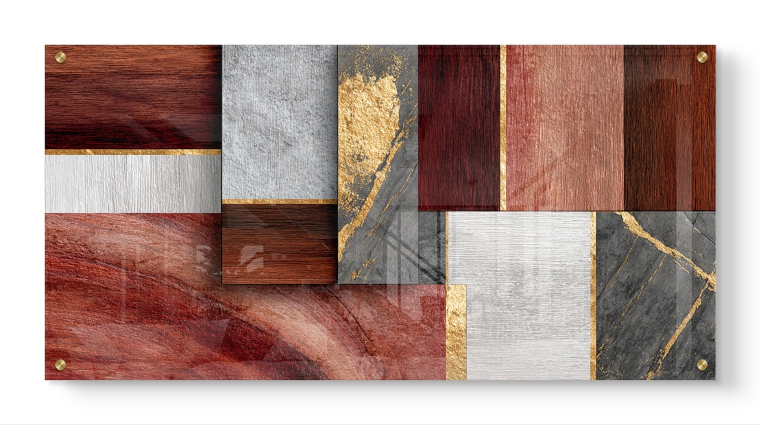 תמונת זכוכית לרוחב בעיצוב אבסטרקטי עם בלוקים גיאומטריים בגווני בורדו, חום, אפור ונגיעות זהב בהדפסה חלקה