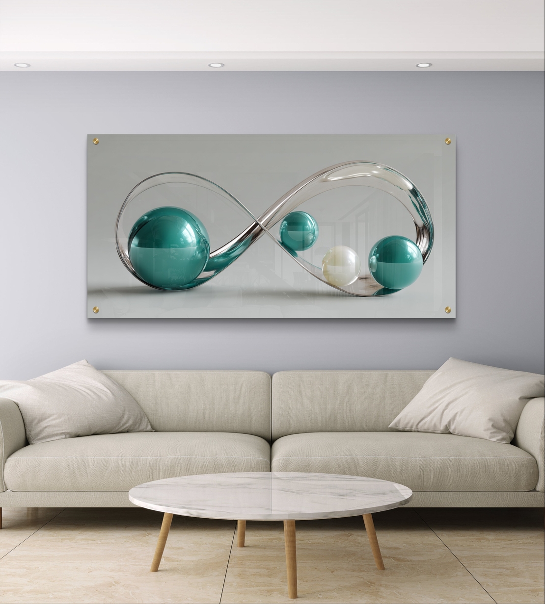 תמונת זכוכית לרוחב עם עיצוב אינסוף וכדורים בגווני טורקיז ושמנת