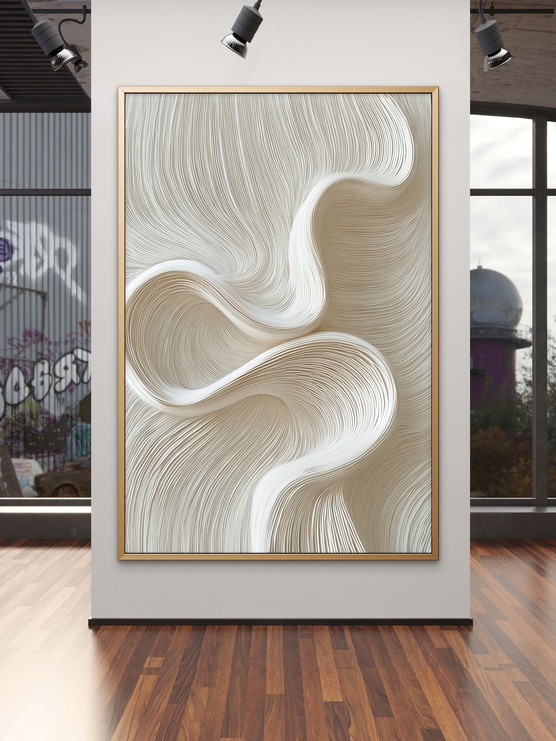 תמונת קנבס אבסטרקטית בגווני שמנת ובז’ עם קווים זורמים, עיצוב מינימליסטי מודרני מסדרת NEXTGEN BY BAR