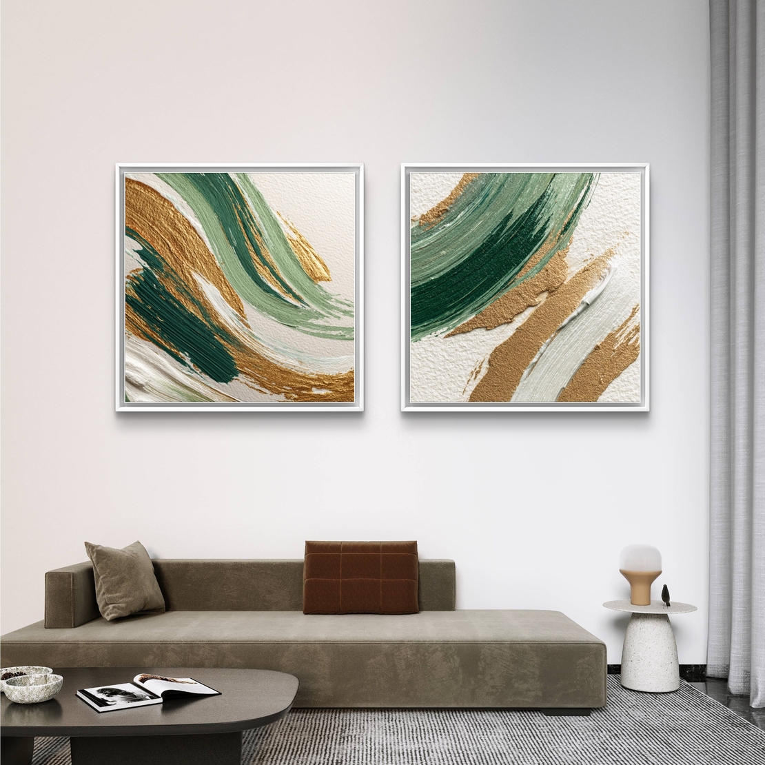 זוג תמונות קנבס מרובעות אבסטרקטיות בגווני ירוק עם נגיעות זהב
