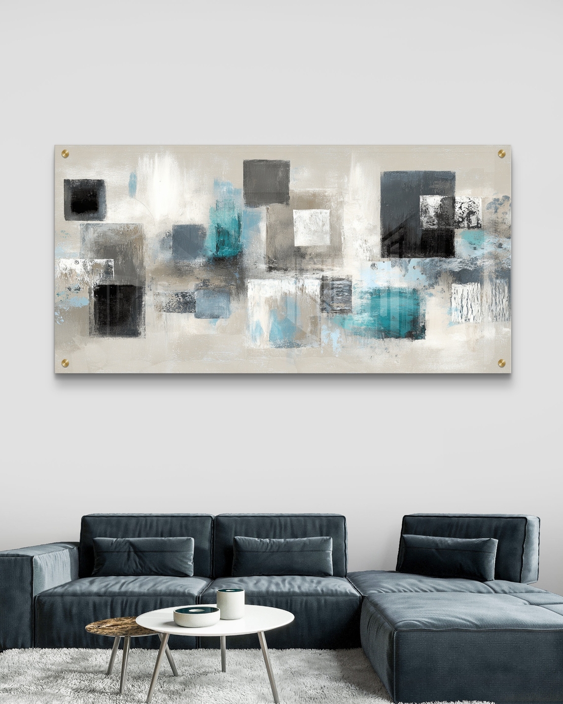 תמונת זכוכית לרוחב עם ריבועים אבסטרקטיים בגווני שחור, אפור וטורקיז על רקע בהיר – תכשיט לבית