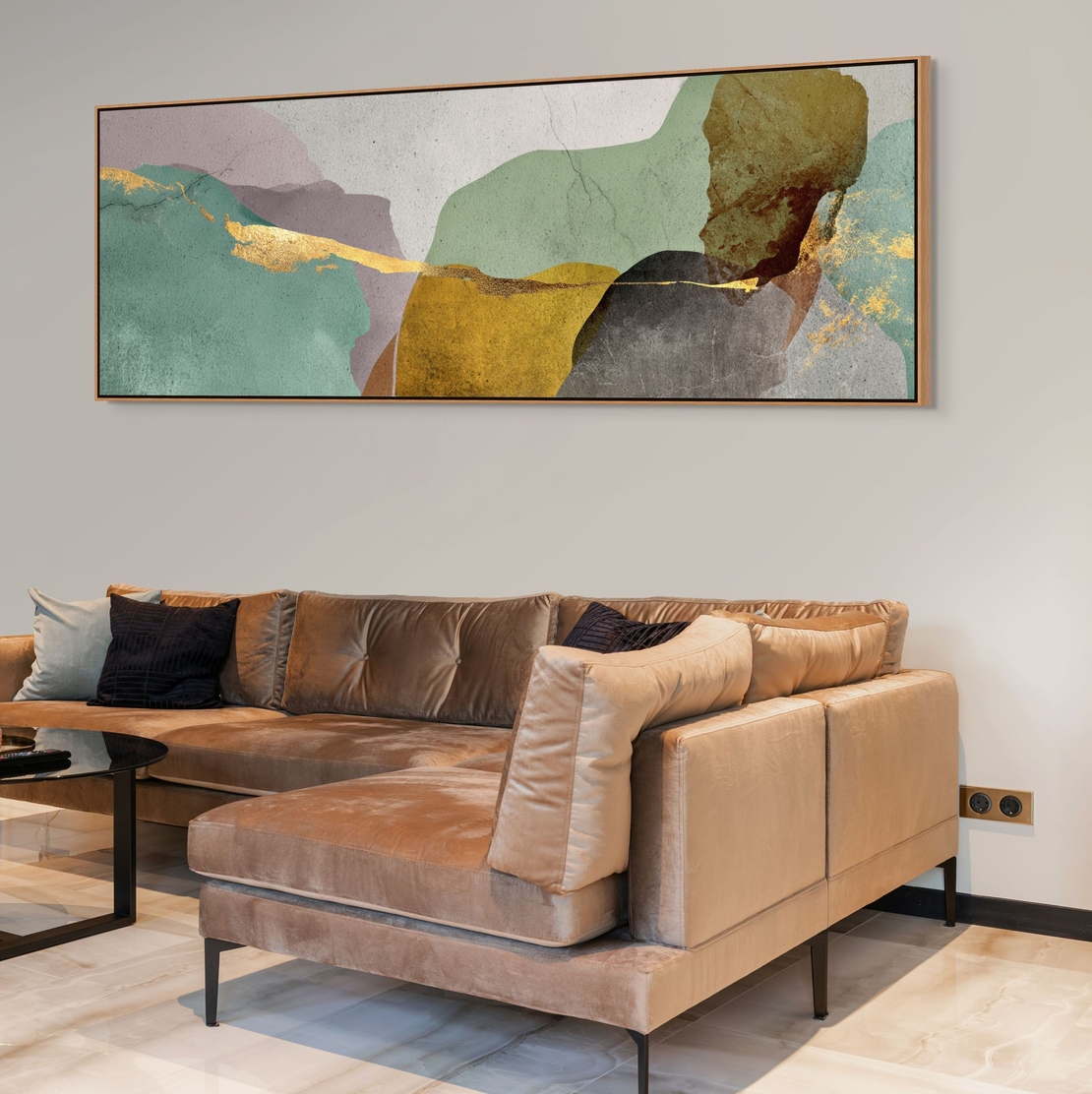 תמונת קנבס אבסטרקטית בגווני מנטה, בז׳, חום וזהב עם קו זהב דק