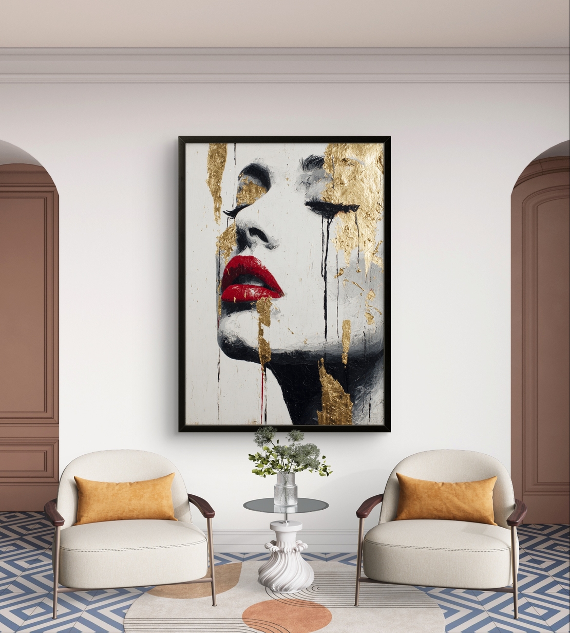 תמונת קנבס עם דיוקן נשי אבסטרקטי בגווני שחור ולבן, שפתיים אדומות ונגיעות זהב בעיצוב יוקרתי ודרמטי