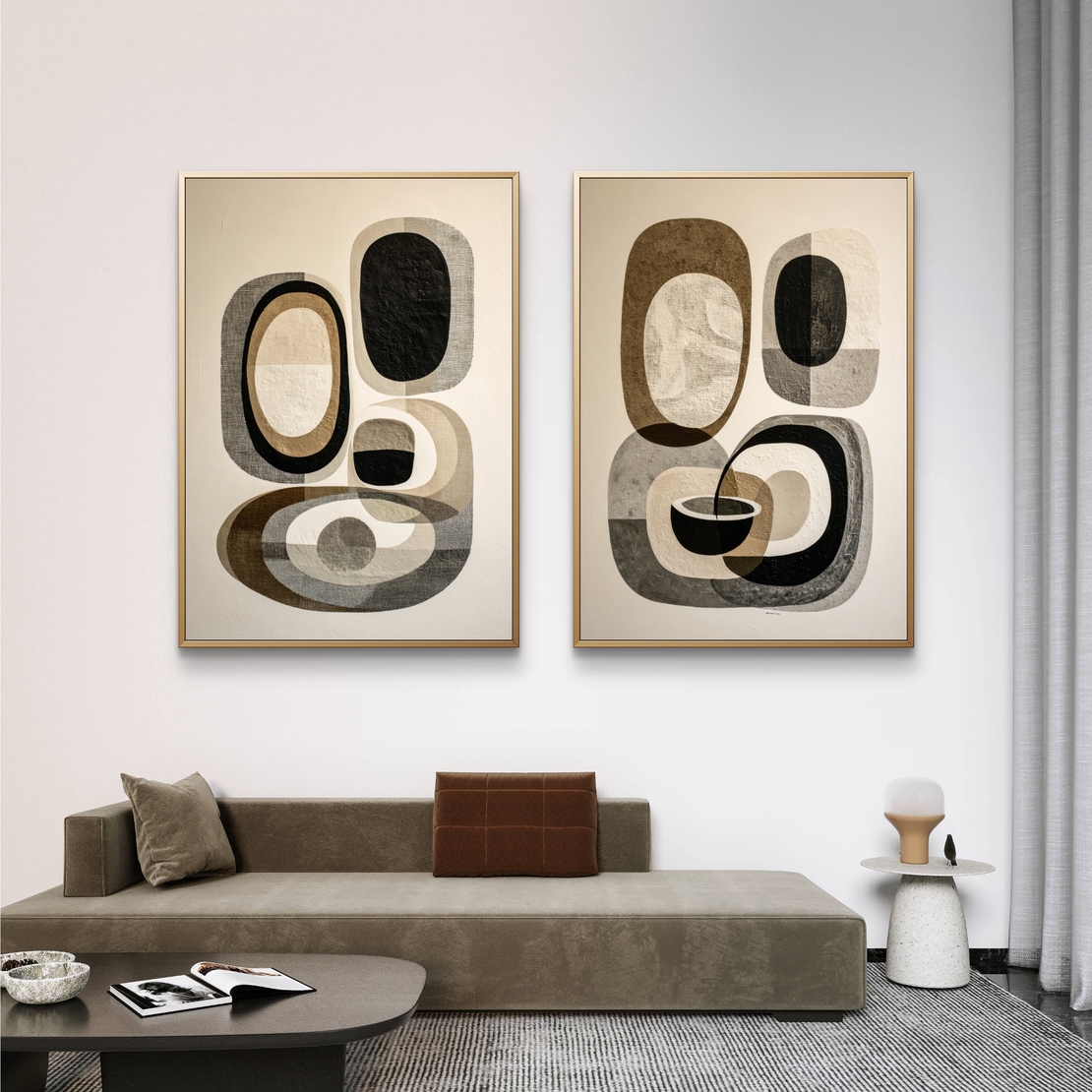 זוג תמונות קנבס אבסטרקטיות בגווני שחור, בז׳ ושמנת – דגם TL8552