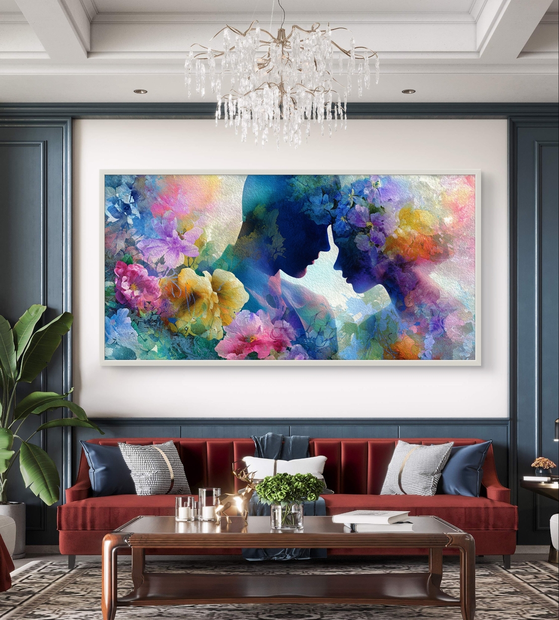 תמונה מעוצבת לסלון עם פרופילים ואפקט צבעי מים רכים.