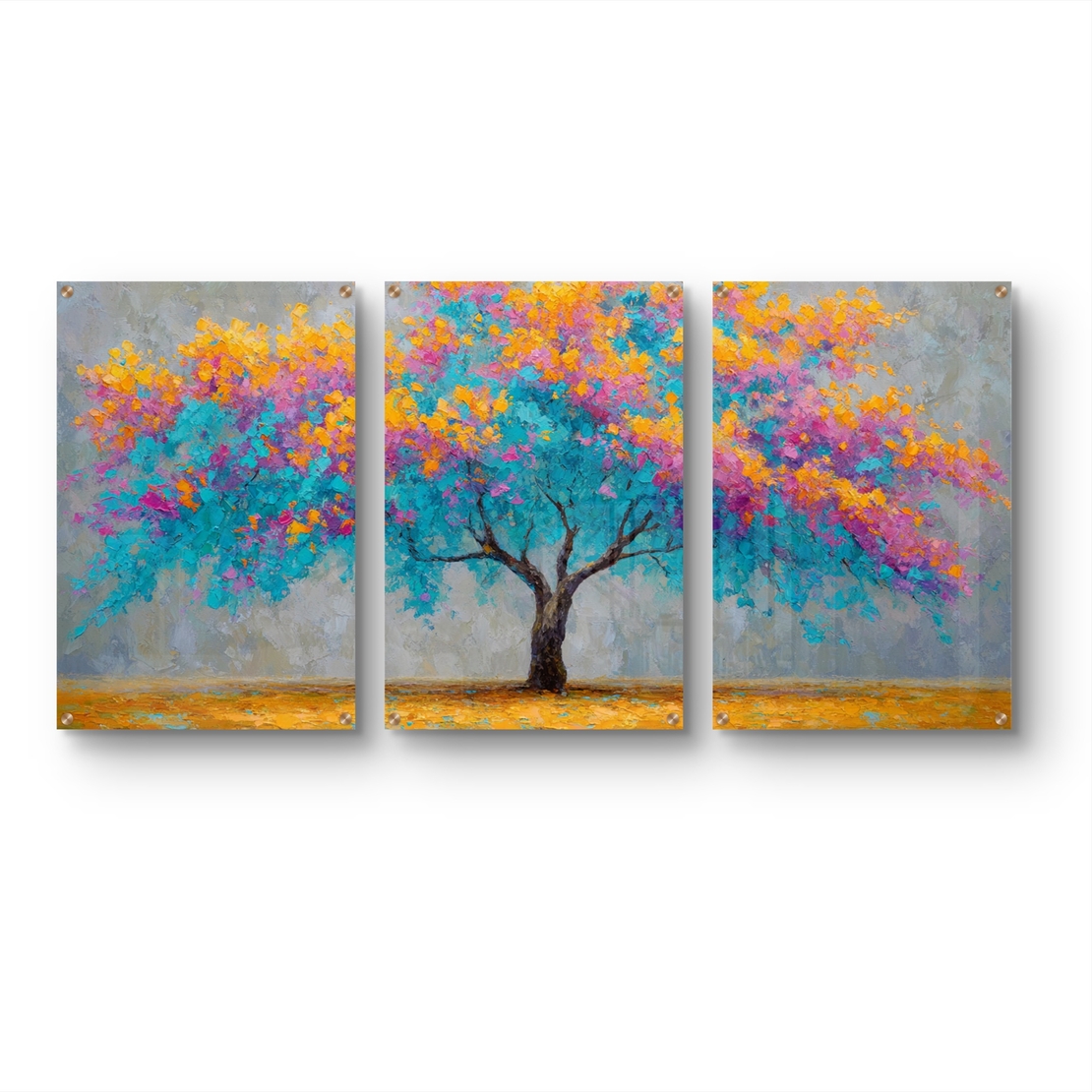 שלישיית תמונות זכוכית עם עץ צבעוני בגווני טורקיז, ורוד וכתום, בהדפסה חלקה ומבריקה לעיצוב קיר יוקרתי